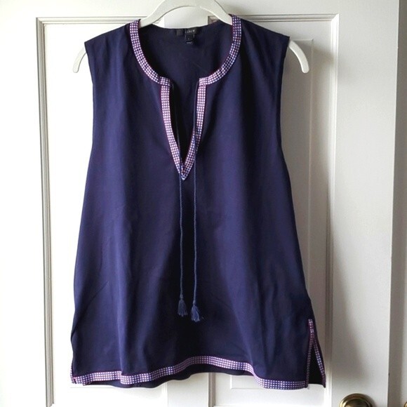 J. CREW BLUE EMBROIDERED TRIM TASSEL SLEEVELESS TOP LARGE - Picture 1 of 12